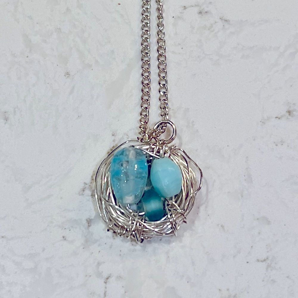 *3/$20* Silver tone and robin’s egg blue bird’s nest necklace